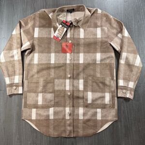 Well Worn Women’s Long Snap Front Soft Faux Suede Plaid Shirt Med Brown & Cream
